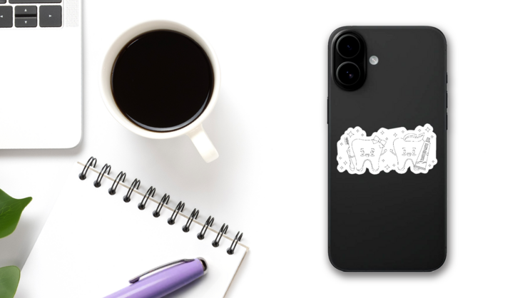 Cute Tooth Boy And Girl With Toothpaste Illustration Sticker on a Phone (New) example