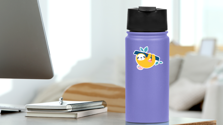 Cute Tropical Sloths Sticker on a Water Bottle (New) example