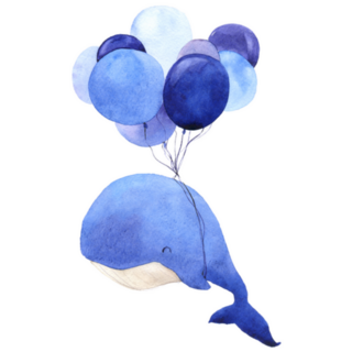 Cute Watercolor Whale With Balloons In Cartoon Sticker