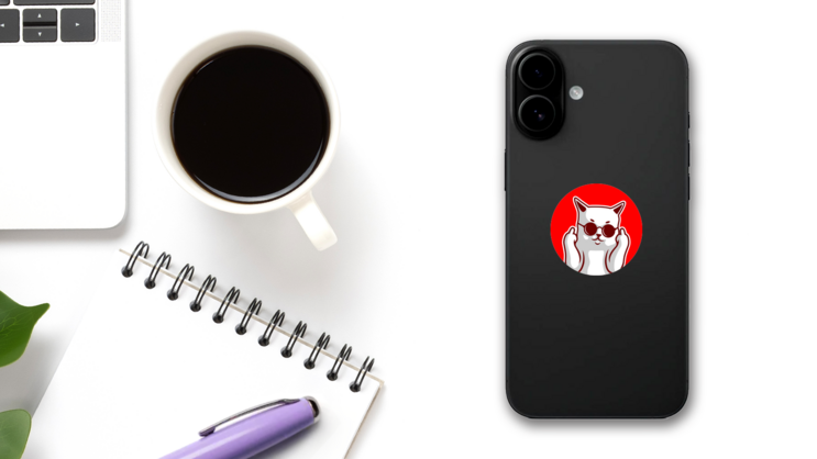 Cute White Cat Middle Finger On Red Sticker on a Phone (New) example