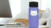 Cute White Kitten Face Sticker on a Water Bottle (New) example