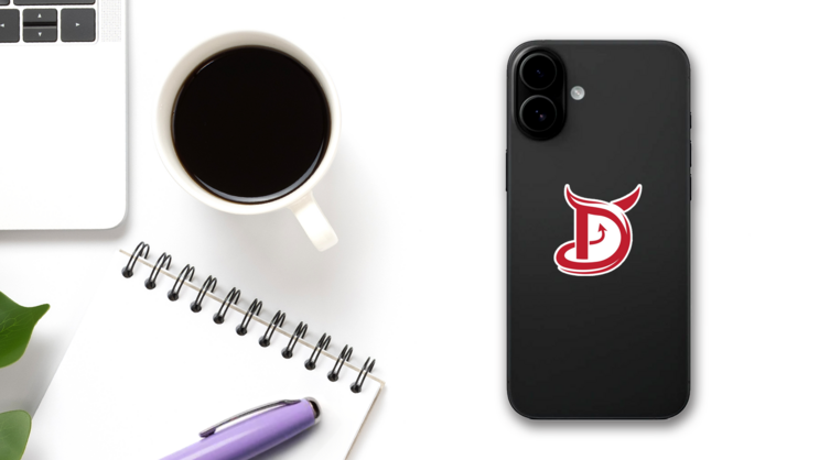D Initial Devil Logo Sticker on a Phone (New) example