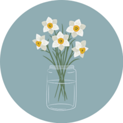Daffodils In A Glass Jar On Blue Sticker
