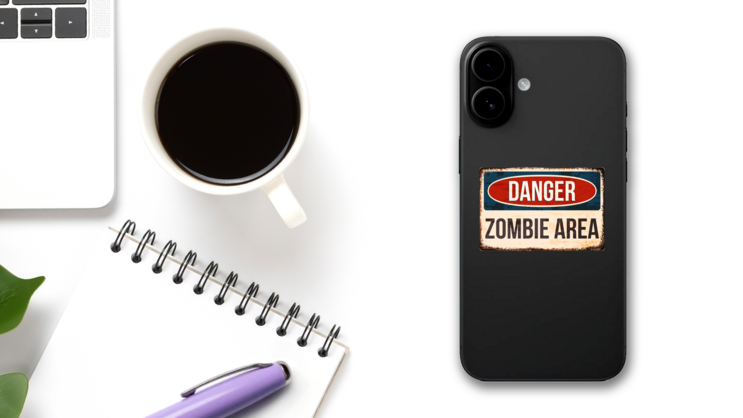 Danger Zombie Area Metal Sign Sticker on a Phone (New) example