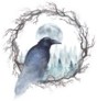 Dark Crow Sitting In A Wreath Of Bare Branches Watercolor Sticker