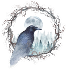 Dark Crow Sitting In A Wreath Of Bare Branches Watercolor Sticker