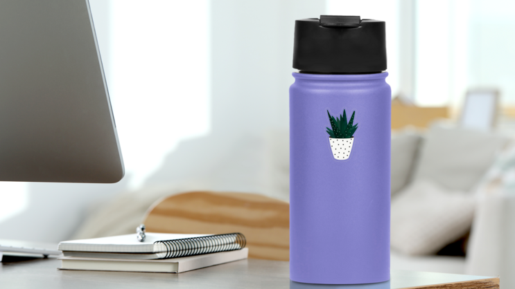 Dark Green Succulent in White Polka Dot Pot Sticker on a Water Bottle (New) example