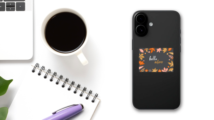 Dark Hello Autumn With Fall Leaves Sticker on a Phone (New) example