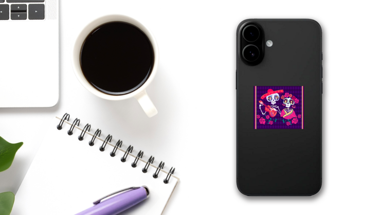 Day of the Dead Skeletons Couple Sticker on a Phone (New) example