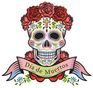 Day Of The Dead Skull With Roses And Banner Sticker