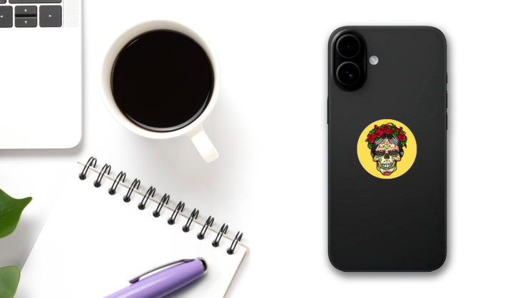 Day of the Dead Skull With Roses Circle Sticker on a Phone (New) example