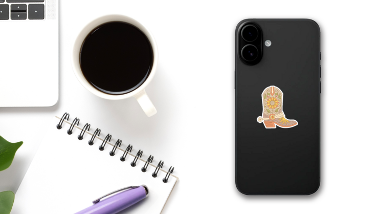 Decorative Sunflower Cowboy Boots With Spur Sticker on a Phone (New) example