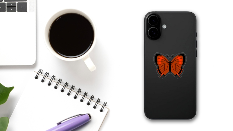 Deep Orange Butterfly Sticker on a Phone (New) example