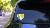 Delaware Map And Heart Logo Sticker on a Rear Car Window (New) example