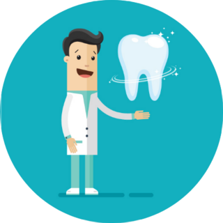 Dentist, A Doctor And A Large Tooth Icon On Blue Sticker