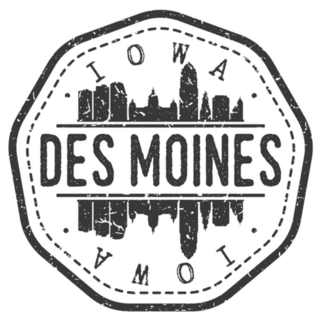 Des Moines, Iowa Skyline Postmark. Silhouette Sticker
