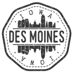Des Moines, Iowa Skyline Postmark. Silhouette Sticker