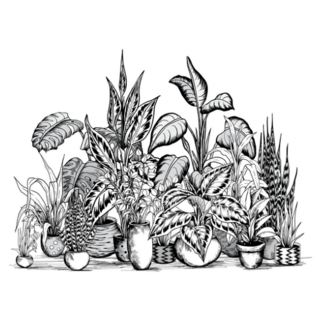 Detailed Black and White Illustration of Various House Plants Sticker