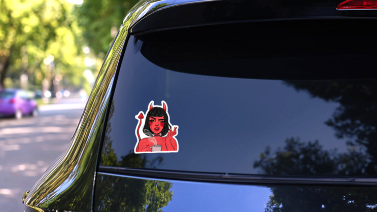 Devil Girl Dissatisfied Drinks Coffee Sticker on a Rear Car Window (New) example