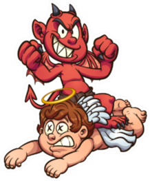 Devil Kid Standing Over Defeated Kid Angel Sticker