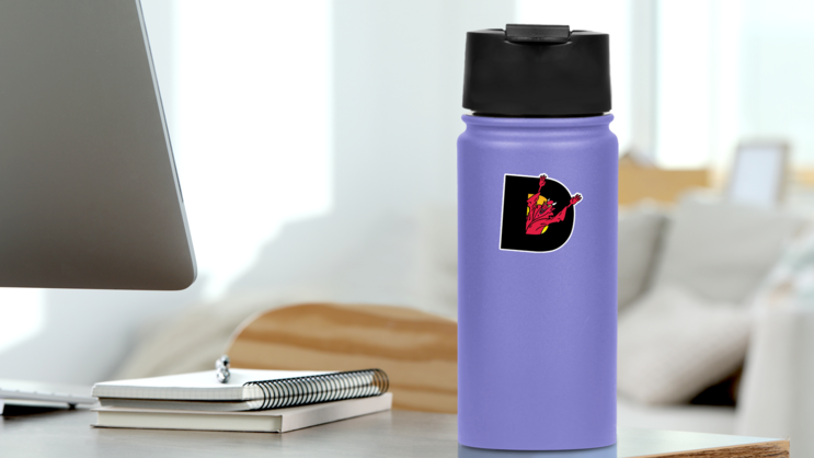 Devil On Letter D Sticker on a Water Bottle (New) example