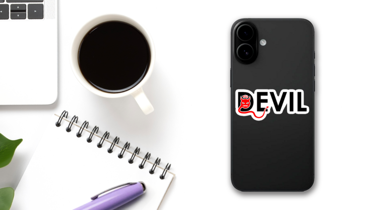 Devil Text And Illustration Sticker on a Phone (New) example
