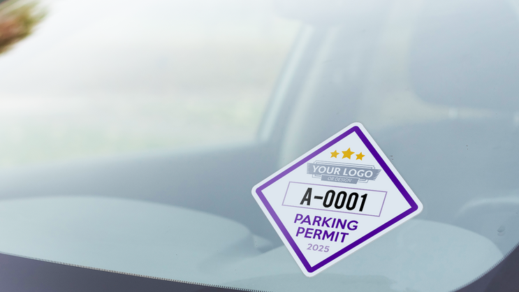 Customizable diamond parking permit sticker on inside of windshield.