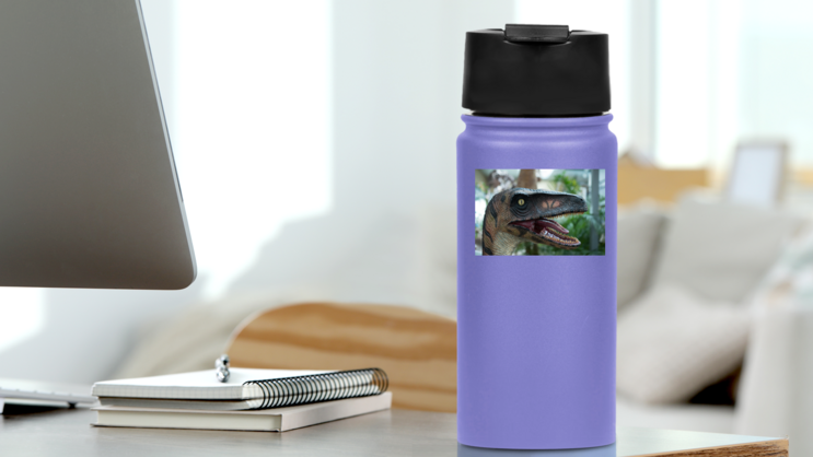 Dinosaur Growling with Open Mouth Sticker on a Water Bottle (New) example