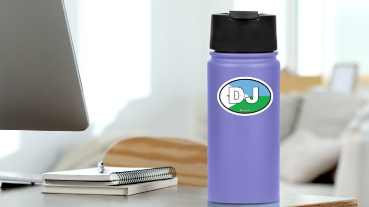 Djibouti DJ Flag Oval Sticker on a Water Bottle (New) example