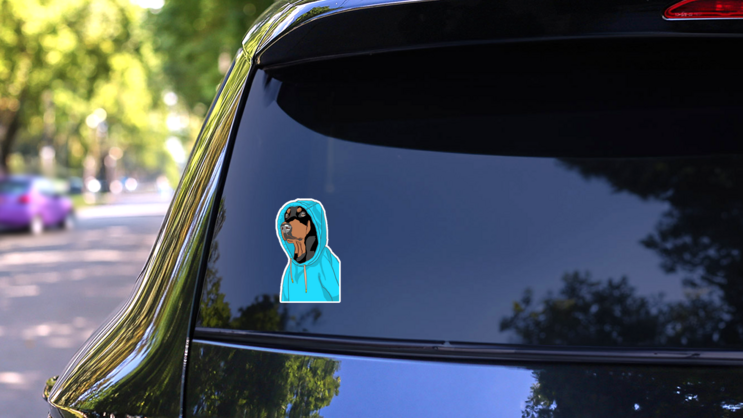Doberman Blue Hoody Sticker on a Rear Car Window (New) example