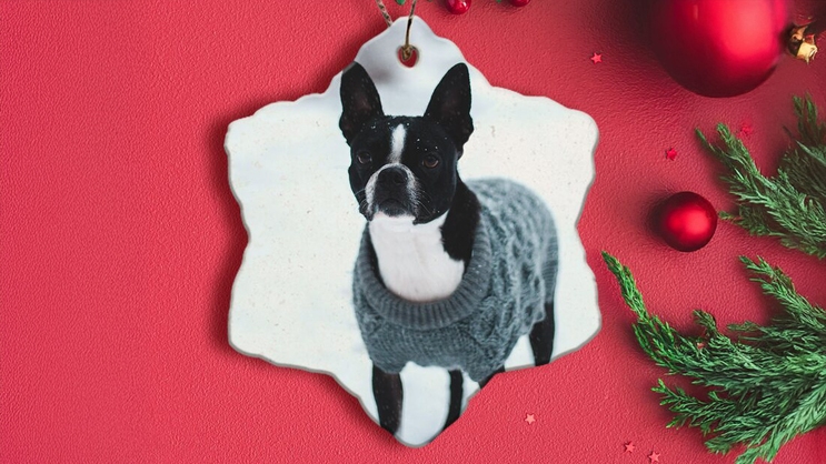 Dog Wearing Sweater Photo Snowflake Ceramic Ornament