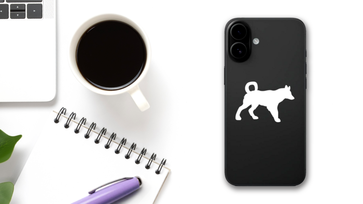 Dog With Curly Tail Sticker on a Phone (New) example
