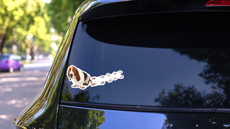 Dog With Guilty Expression And Muddy Paws Tracks Sticker on a Rear Car Window (New) example