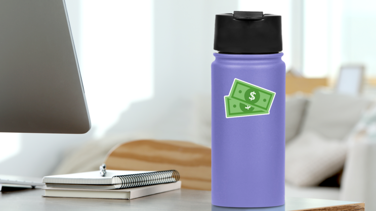 Dollar Bills Illustration Sticker on a Water Bottle (New) example