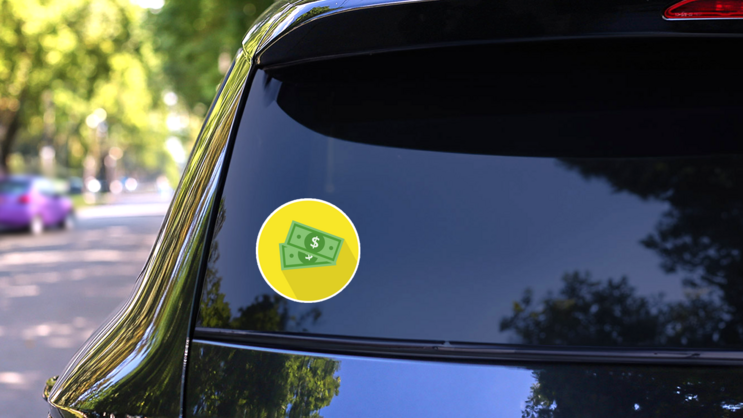 Dollar Bills Yellow Circle Sticker on a Rear Car Window (New) example