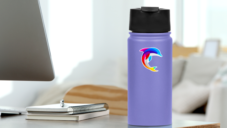 Dolphin Jump Logo Sticker on a Water Bottle (New) example