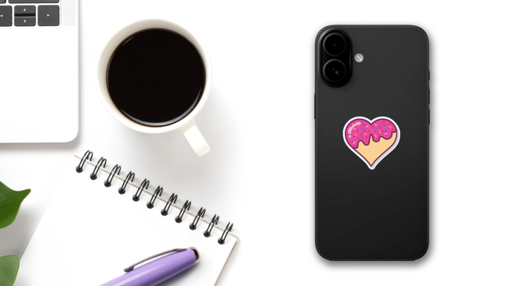 Donut Love Heart Logo With Pink Frosting Sticker on a Phone (New) example