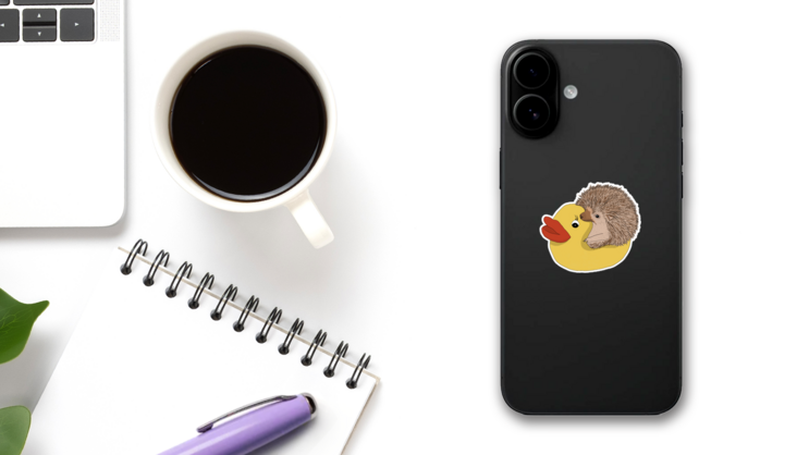 Drawing Of A Hedgehog Sitting In A Rubber Duck Sticker on a Phone (New) example