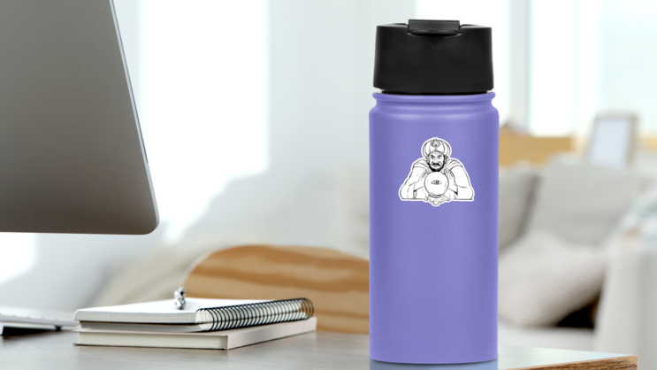 Drawing Sketch Male Fortune Teller Over Crystal Ball Sticker on a Water Bottle (New) example