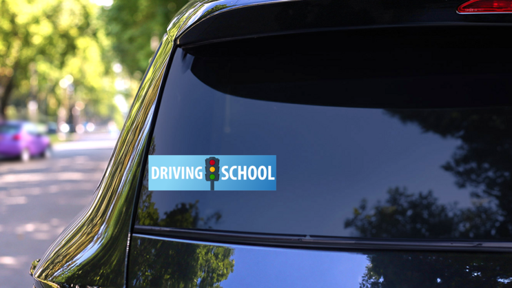 Driving School Banner With Street Light On Blue Sticker on a Rear Car Window (New) example
