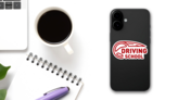 Driving School Red Logo Sticker on a Phone (New) example