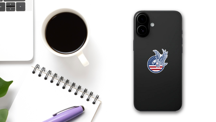 Eagle Soaring On American Flag Sticker on a Phone (New) example