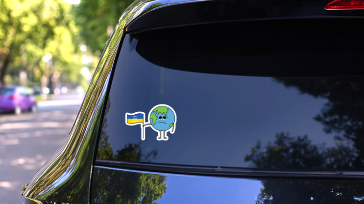 Earth Cartoon Pray For Ukraine Illustration Sticker on a Rear Car Window (New) example