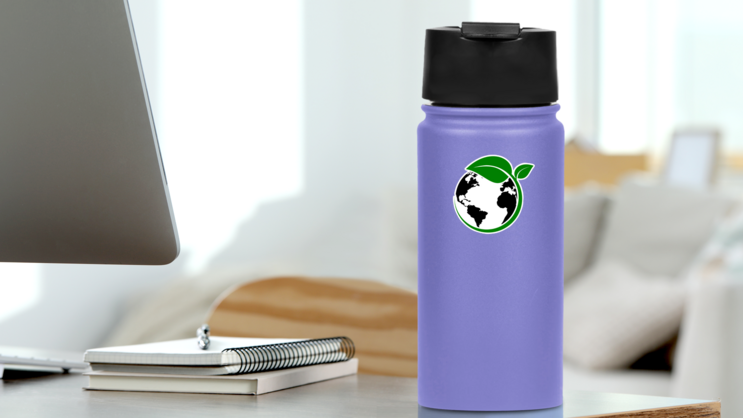 Earth With Green Plant Sticker on a Water Bottle (New) example