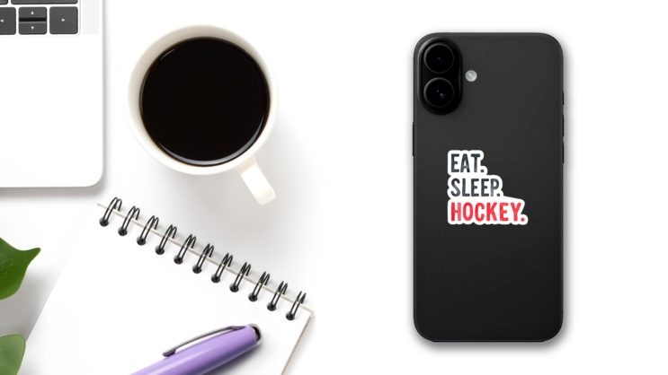 Eat. Sleep. Hockey Lettering Sticker on a Phone (New) example