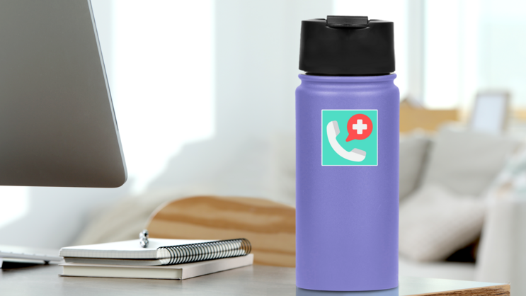 Emergency Health Call Sticker on a Water Bottle (New) example