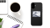 Engraving Style Wave and Rising Sun Sticker on a Phone (New) example