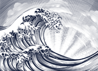 Engraving Style Wave and Rising Sun Sticker