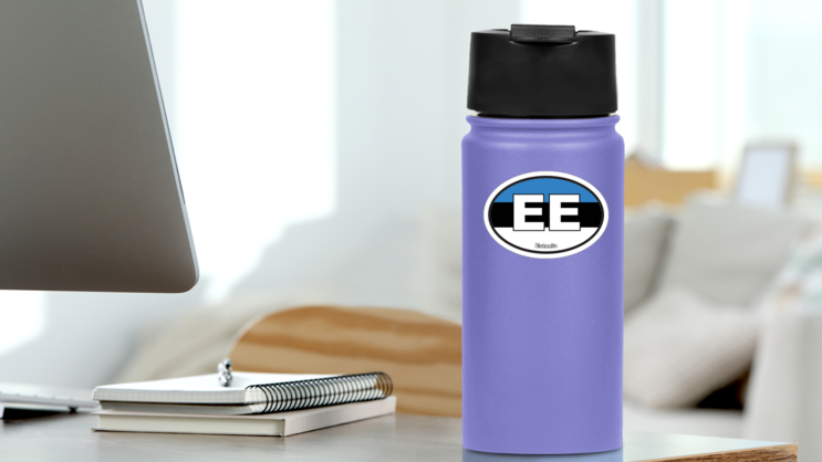 Estonia Ee Flag Oval Sticker on a Water Bottle (New) example