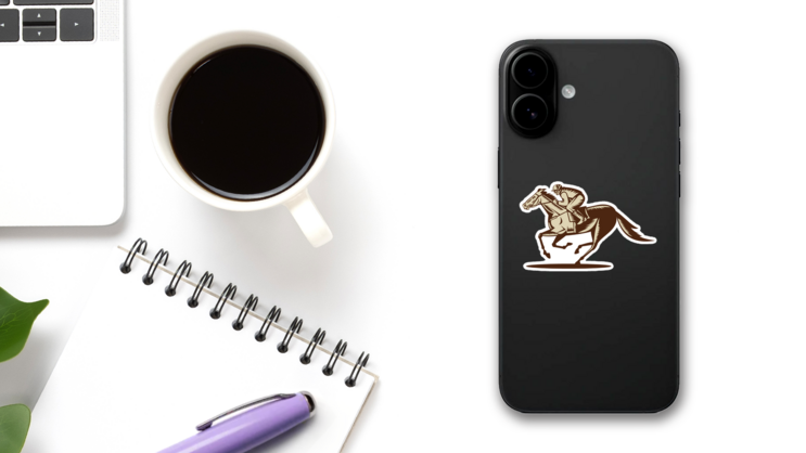 Etched Illustration Of A Horse And Jockey Racing Sticker on a Phone (New) example